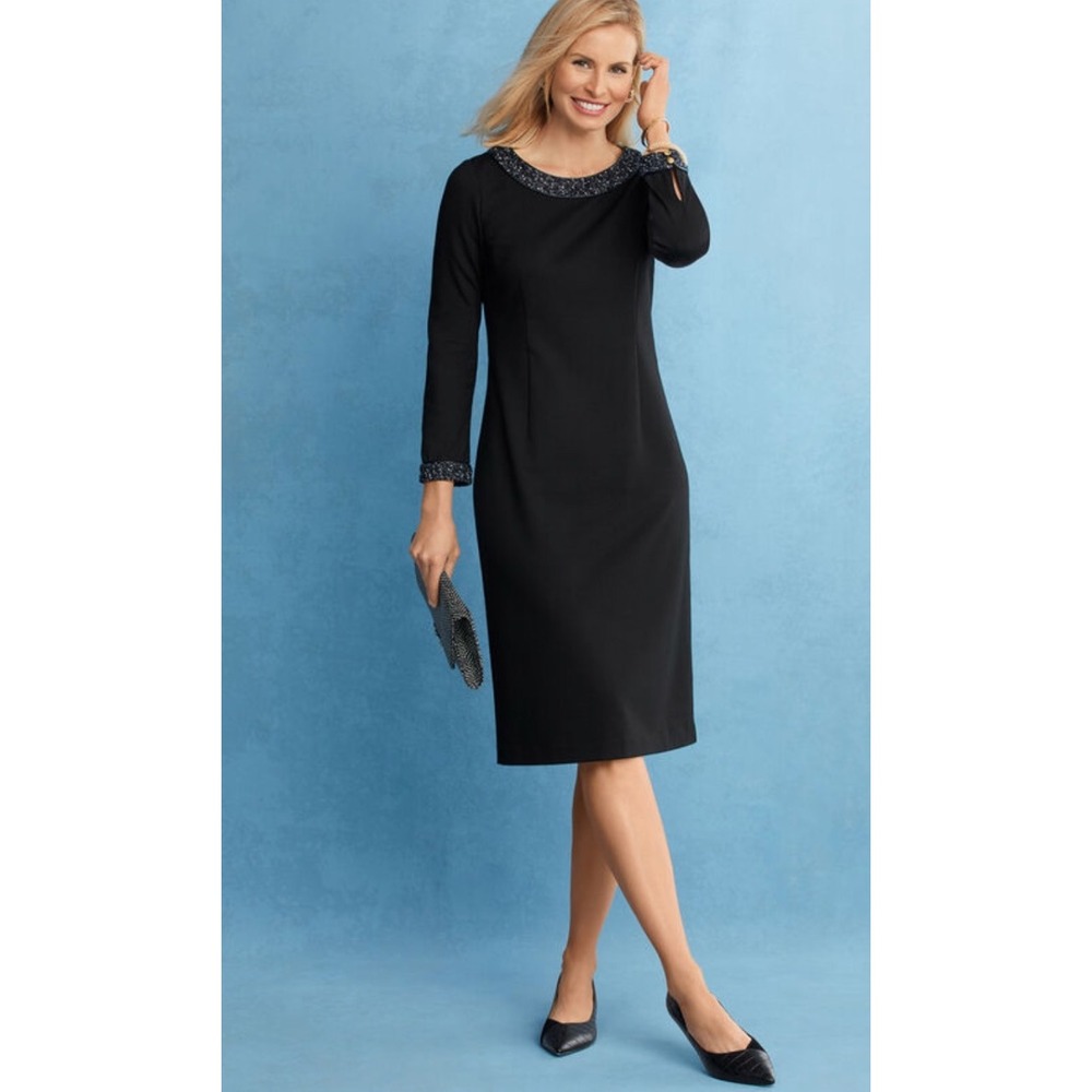 Talbots Refined Ponte Tipped Tweed Dress Black Embellished Neckline Knee Length
